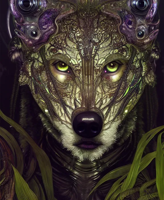 Prompt: intricate ornate opulent transparent clear see - through portrait of a terrifying beautiful male alien wolf, mottled coloring, adorable, childlike, overgrown jungle environment, ultra realistic, concept art, art nouveau, photorealistic, octane render, 8 k, unreal engine. art by christopher marley and artgerm and greg rutkowski and alphonse mucha