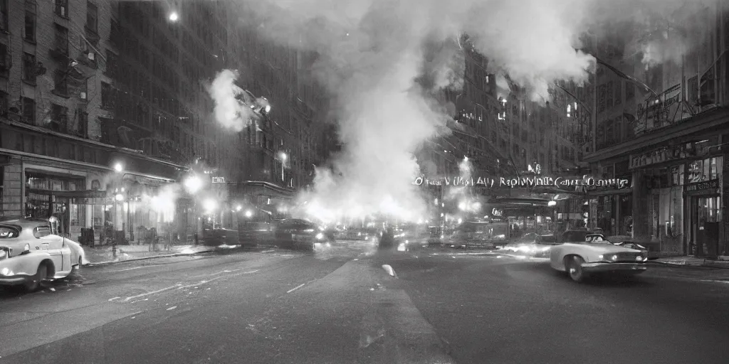 Image similar to a high resolution photo of a new york street at night surrounded with smoke and cars with bright headlights by robert capa, realistic photo, leica, magnum award winning photograph, parallax photography,