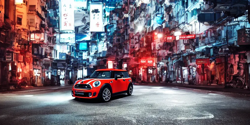 Image similar to Mini Cooper S with blood vinyl in the middle of a road on the night Hong Kong china town, blue color grading, cinematic color grading , unreal 5, hyperrealistic, realistic, photorealistic, dynamic lighting, highly detailed, cinematic landscape, studio landscape, studio lighting