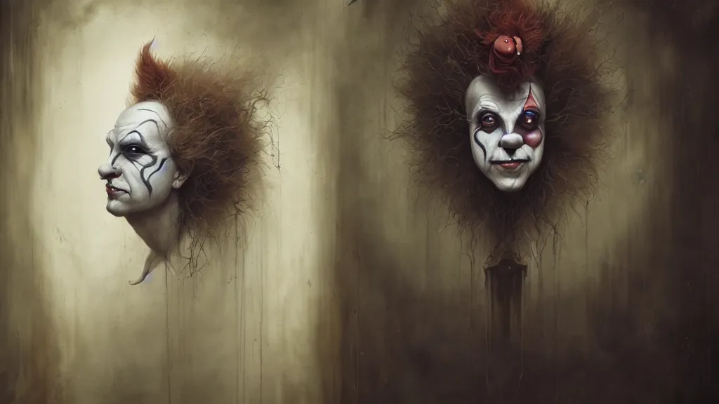 Image similar to a clown portrait in cloistered alleyway dreaming of a circus, in the style of peter mohrbacher by weta digital and beth cavener, high face symmetry, intricate, masterpiece, award winning, high face symmetry, intricate