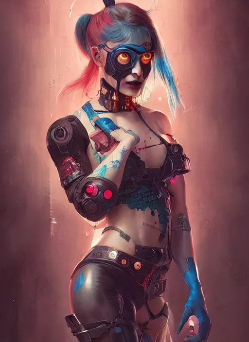 Image similar to a beautiful illustration of cyberpunk harley quinn with pointy ears, intricate, sharp focus, illustration, highly detailed, digital painting, concept art, matte, art by wlop and artgerm and greg rutkowski and alphonse mucha, masterpiece