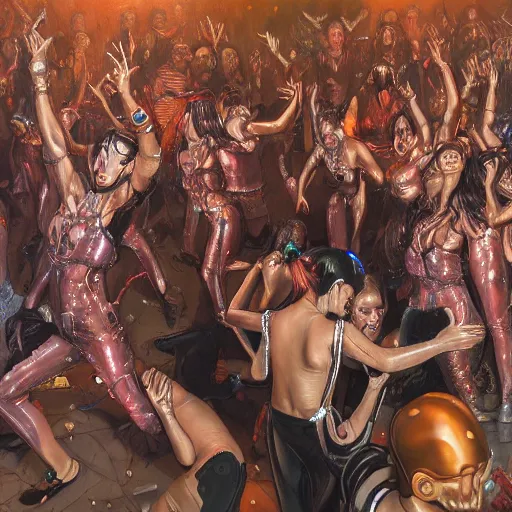Prompt: A photo of metal woman dancing in a moshpit in an underground club, oil on canvas by Dan Witz, by Tom of Finland, and by Hajime Sorayama