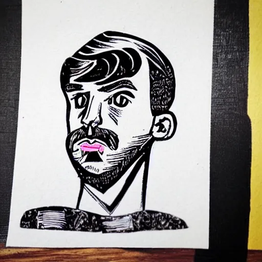 Prompt: hipster with manscaped eyebrows, feminine french guy with pouting lips, linocut