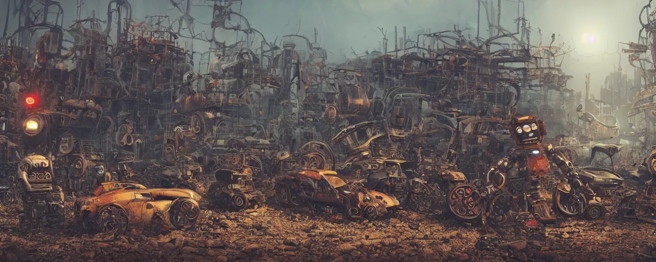 Image similar to an intricate concept art of a robot junk yard behind chainlink fence with warning sign and giant screaming chucky doll, cinematic, post - apocalyptic, matte painting, concept art, hyper realistic, artstation, deviantart, style by feng zhu and dylan cole, octane render, anime style