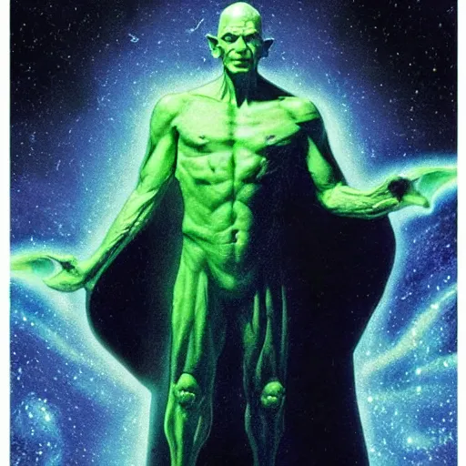 Image similar to photo of hybrid of dr manhattan and yoda