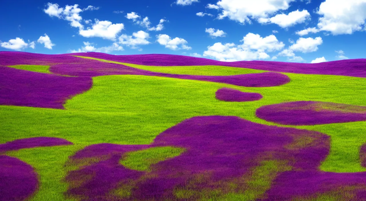 Prompt: Bliss Windows XP default wallpaper, but with purple grass instead of green, realistic matte painting,