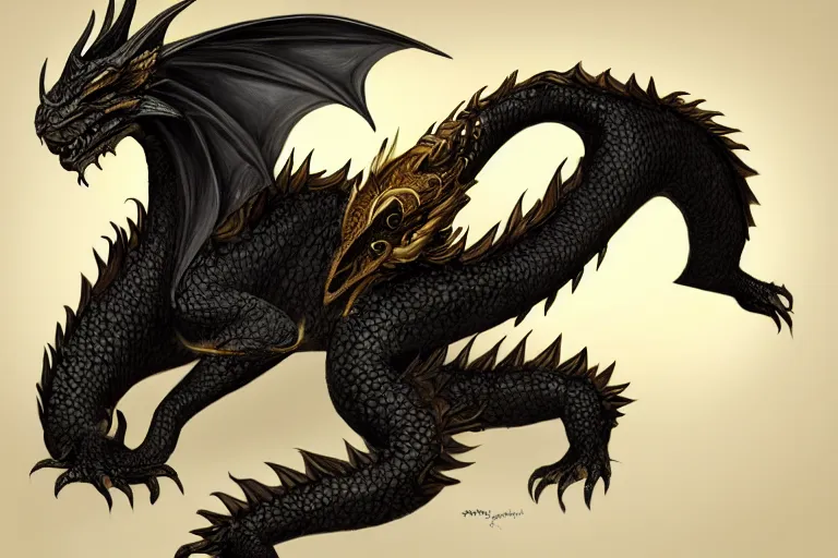 Image similar to ! dream full body digital illustration of an adult dragon of black and gold by randy vargas, bituminous design studio lighting, concept art, matte background, deviantart, artstation