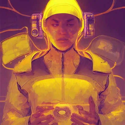 Prompt: a wise monk meditates under a waterfallto pieces with glowing yelow visor as a realistic scifi cyberpunk, torso, art by james jean and greg rutkowski!!, realistic face, like anime, digital art, concept art, trending on artstation, 8 k