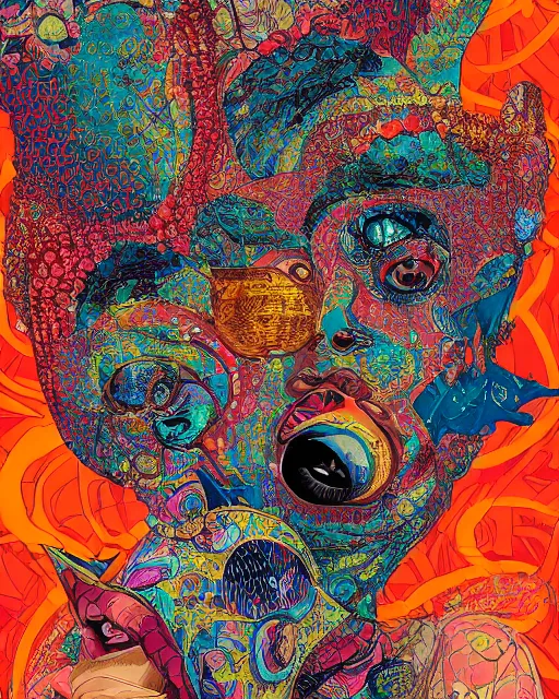 Prompt: beautiful 👩🏿🦸🏾 face, bizarre, chaotic, vivid, hyper detailed, digital art, in the style of james jean, victo ngai, e. a. seguy patterns, experimental abstract art, dadaist, mixed media collage, bizarre, vibrant, psycho, warm colors