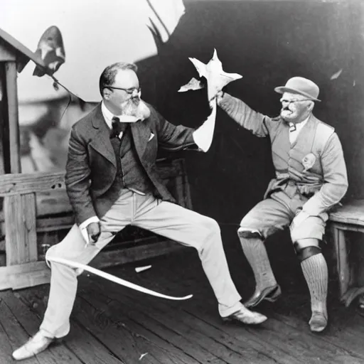 Image similar to teddy Roosevelt punching a shark at the county fair