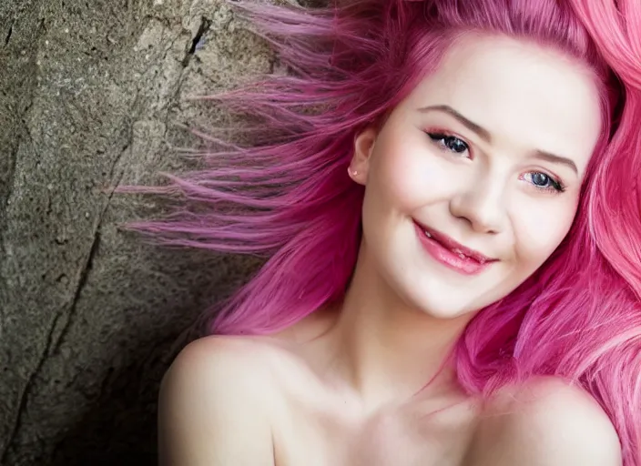 Image similar to portrait photography, the most beautiful woman in the world, beautiful, happy expression, cheery, 8k, closeup headshot, smooth, trending on 500px, pink hair