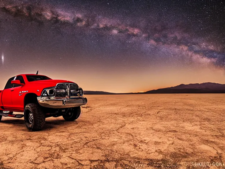 Prompt: dodge ram red power wagon overlanding on dry lake night, long exposure, milky way, award winning, cinematic