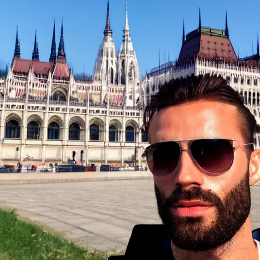 Image similar to Gigachad taking a selfie with the hungarian Parliament, 4k, selfie,