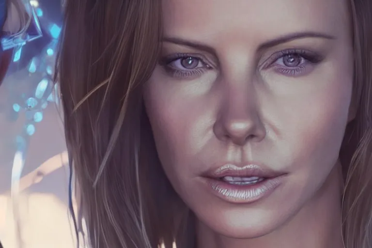 Image similar to a very beautiful hyper - realistic portrait of kate beckinsale and charlize theron and sharon vonne stone looking at each other, rendered by beeple, by makoto shinkai, syd meade, starwars, digital illustration, unreal engine, wlop, trending on artstation, 4 k uhd image, octane render