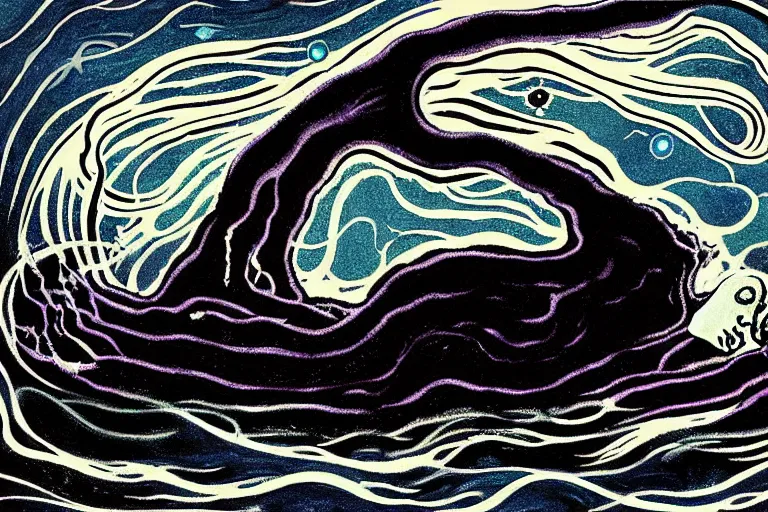 Prompt: despair, drowning, loneliness. collapsing into spiral oblivion, the weeping visage of a longing dreamer in desolation. cosmic void, abyssal ocean depths, art nouveau art deco, vibrant darkness, by jackson pollock and edvard munch and rebecca guay and carl critchlow. moody, murky. glimmering hopes last gasp in the endless waters. gouache painting.