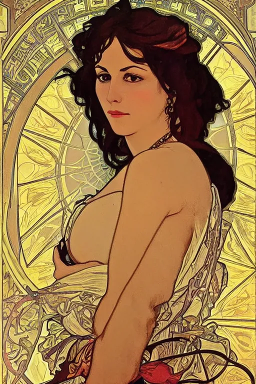 Prompt: portrait of monica belucci from the movie malena, artwork by alphonse mucha