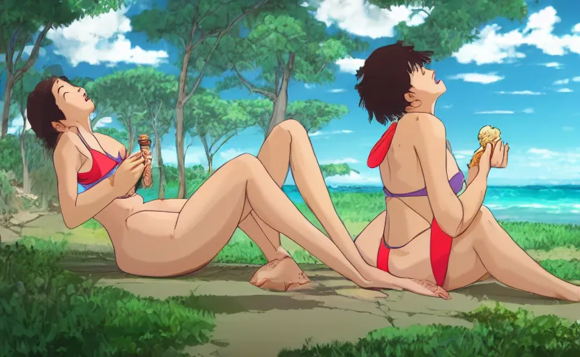 Prompt: a woman eating a vanilla ice cream cone and wearing a bikini, a Studio Ghibli style scene, digital art, 4k