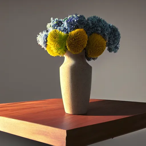 Prompt: a large vase sitting on top of a wooden table, a still life by ras akyem, featured on cg society, photorealism, vray tracing, rendered in unreal engine, photorealistic