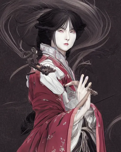 Prompt: lady snowblood movie character, baroque style, elegant, beautiful, mesmerizing, concept art, highly detailed, artstation, behance, deviantart, inspired by innocent manga, inspired by castlevania concept art, trending, ayami kojima, shinichi sakamoto