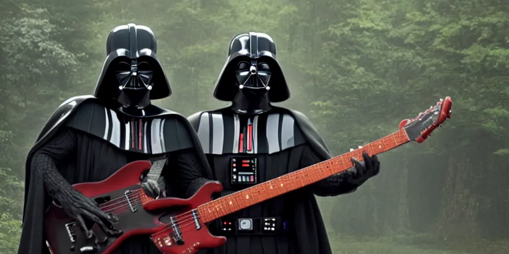 Prompt: Darth Vader playing electric guitar on top of mountain, 'Stranger Things'