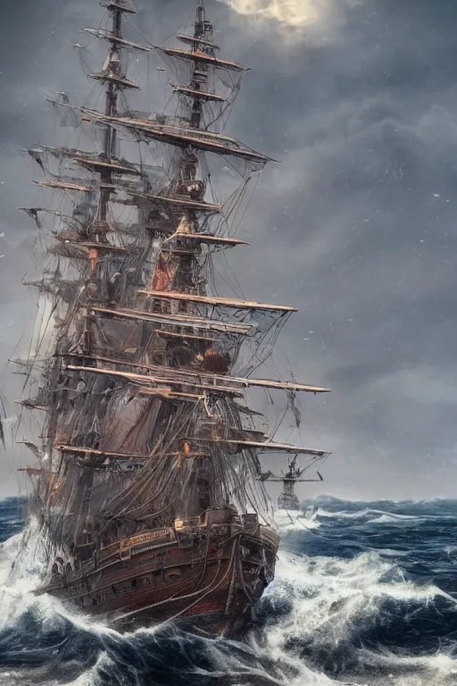 Prompt: A tall ship vessel in heavy waves, hypermaximalistic, high details, cinematic, 8k resolution, beautiful detailed, insanely intricate details, artstation trending, octane render, unreal engine