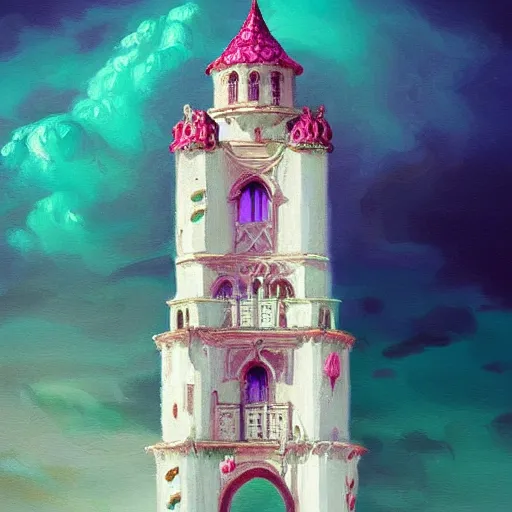 Prompt: a delicate ornate white fantasy tower with pink and green decoration splashes upwards from a turbulent ocean, dramatic lighting, rich colors, beautiful oil painting, artstation, whole tower can be seen.