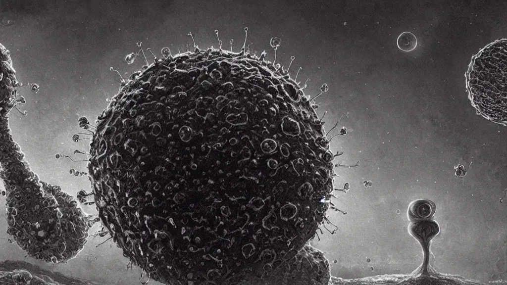 Image similar to a beautiful microscopic scientific photo of a coronavirus and a strange life form seen through an electron microscope, dark, sinister, detailed, art by Greg Rutkowski