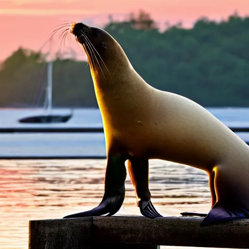 Prompt: I'm dreaming of a half human, half sea lion hybrid standing on a dock at sunset