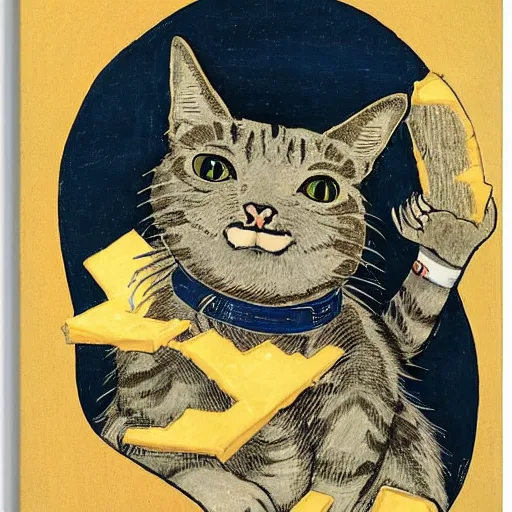 Image similar to a cat sitting on a rocketship headed for the moon made of cheese, by hokusai and george bellows