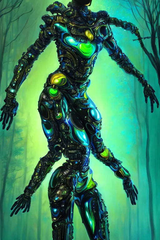 Image similar to hyperrealistic post - maximalist cinematic super expressive! black woman with exoskeleton armor, merging with tree in a forest, highly detailed digital art masterpiece, smooth cam de leon eric zener dramatic pearlescent soft teal yellow light, ground angle hd 8 k, sharp focus