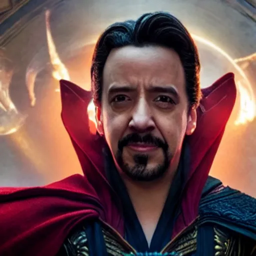 Image similar to A movie still of Lin-Manuel Miranda as Zombified version of Dr Strange, dynamic lighting, 8k, Heroic Pose, 2022 picture of the year