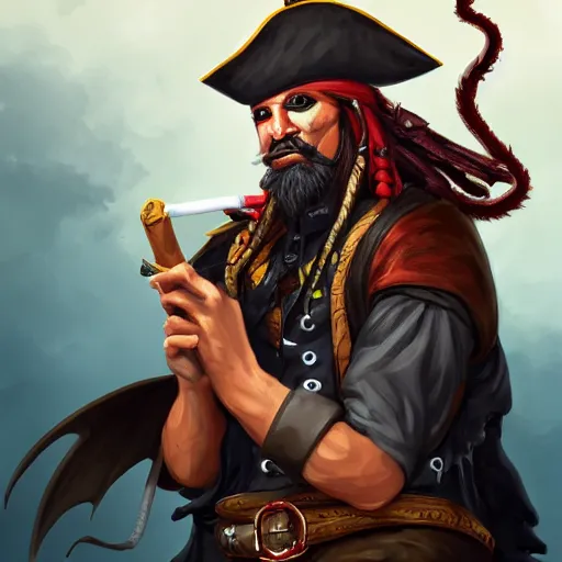 Image similar to pirate lighting his cigar with black dragon, digital art, trending on artstation