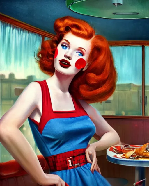 Prompt: 1 9 5 0 s diner waitress, perfect face, red lipstick, blue checkerboard dress, ginger hair, cinematic, freckles, stunning, highly detailed, psychedelic, digital painting, artstation, smooth, hard focus, illustration, art by jessica rossier and and brian froud