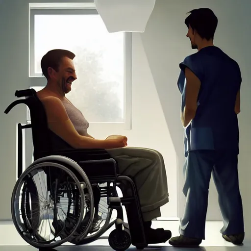 Prompt: a male patient in a wheelchair in the hospital with his wife and son standing by. happy, cheerful, smiling, intricate, face enhance, cinematic lighting, featured in artistation, 8 k, art by greg rutkowski, william adolphe bouguereau