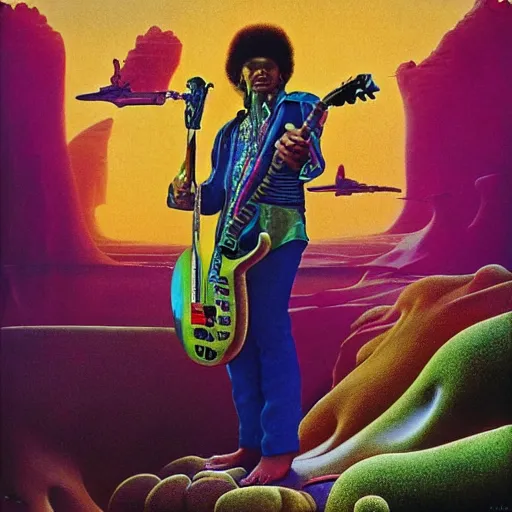 Prompt: colour portrait masterpiece photography of jimi hendrix full body shot by annie leibovitz, ultrawide angle, moebius, josh kirby, weird epic biomorphic mandlebulb scifi landscape in background by roger dean and syd mead and killian eng and james jean and giger and beksinski, greg hildebrandt, 8 k