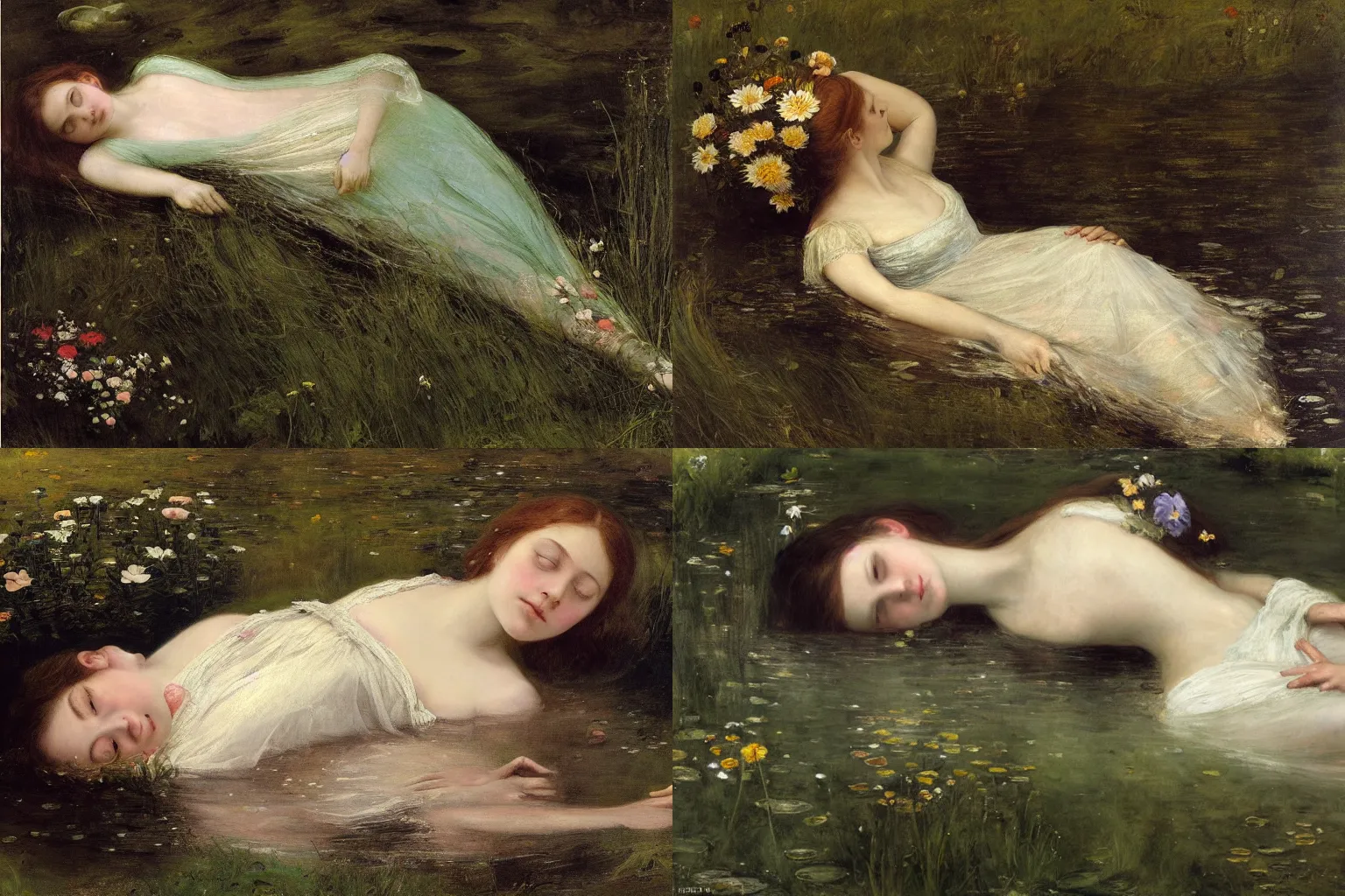 Prompt: a beautiful portrait of a young ophelia, floating drowned, lying!! immersed in the dark waters of a river, with closed eyes, surrounded by high green grass and many fine flowers, wearing a nicely crafted antique dress, by sir john everett millais, realistic, hyperdetailed, ethereal, sad, masterpiece, oil painting, above side view