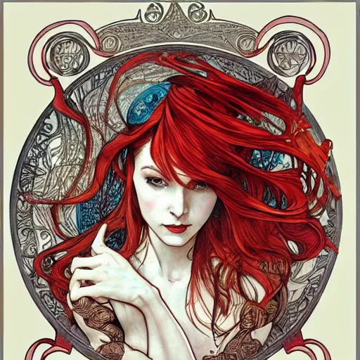 Image similar to in the style of artgerm, arthur rackham, alphonse mucha, evan rachel wood, symmetrical eyes, symmetrical face, flowing red dress