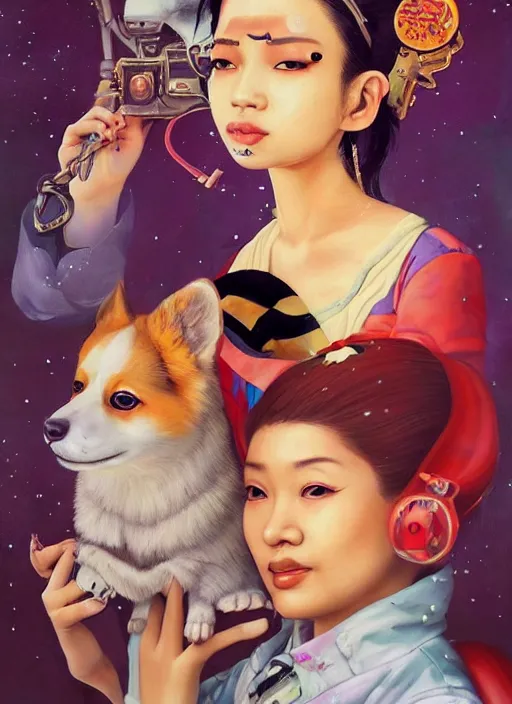 Prompt: beautiful portrait painting of a cute Bangkok lofi cyberpunk princess and her corgi assassin king, by Afarin Sajedi, Alessandro Barbucci, Alex Gross, Shin Jeongho, Shohei Otomo. trending on Artstation, 8k, masterpiece, face enhance, graffiti paint, fine detail, full of color, intricate detail, golden ratio illustration