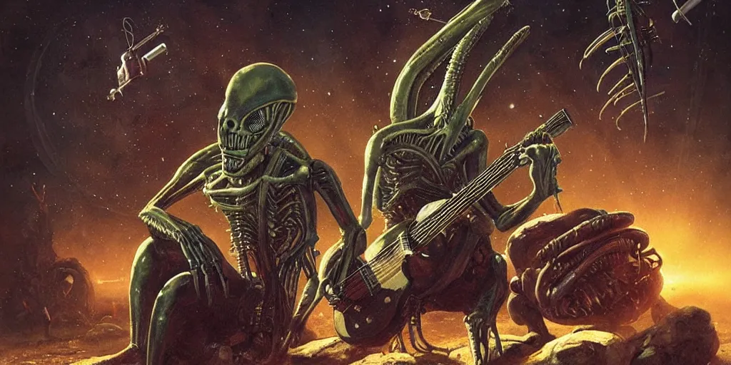 Prompt: aliens band play on drums and guitar, piano, rock concert, alien-drummer, alien-guitar player, greg rutkowski