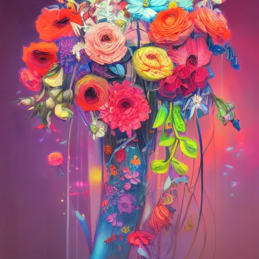 Prompt: a bouquet of colorful flowers, flowers with very long petals,night, hard light and long shadows, neon glowing, vivid, detailed painting, by James Jean and Ross Tran, masterpiece, award winning painting