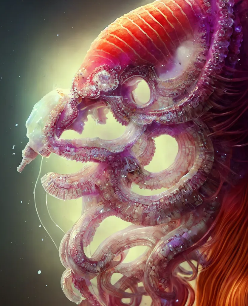 Image similar to goddess princess beautiful face close-up portrait ram skull. jellyfish phoenix head, nautilus, orchid, skull, betta fish, bioluminiscent creatures, intricate artwork by Tooth Wu and wlop and beeple. octane render, trending on artstation, greg rutkowski very coherent symmetrical artwork. cinematic, hyper realism, high detail, octane render, 8k