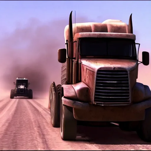 Image similar to t 6 6 0 tractor trailer truck in mad max : fury road, midday light, dust storm,