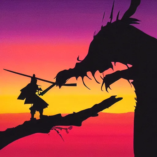 Prompt: silhouette of a samurai facing off against the predator in a surreal sunset landscape