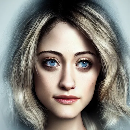 Image similar to blonde hair Emmy Rossum, realistic, photo studio, HDR, 8k, trending on artstation