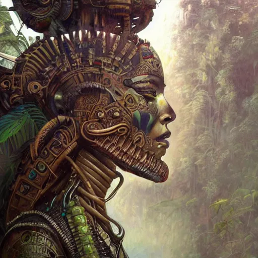 Image similar to An Alien Robot Mayan Ruler, facial tattoos, artists portrait, biomechanical, wild jungle, fantasy, highly detailed, digital painting, concept art, sharp focus, depth of field blur, illustration, art by artgerm and greg rutkowski and alphonse mucha