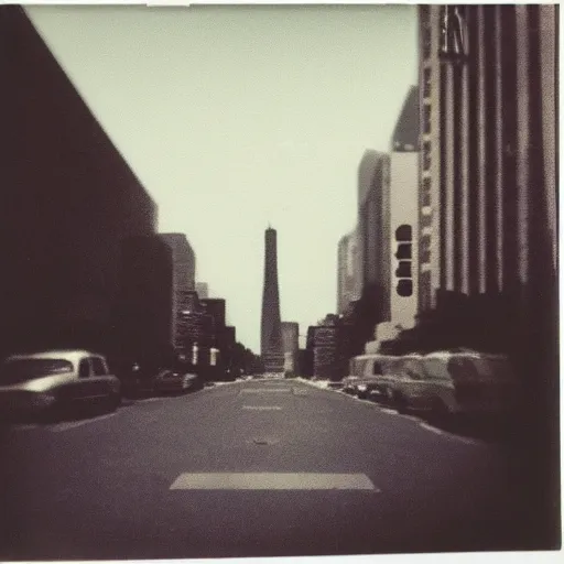 Image similar to polaroid photo of nuclear explosion in the big city moody dark