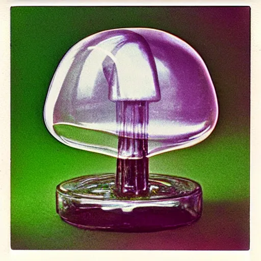 Prompt: polaroid photo of transparent glass mushroom, by Warhol,