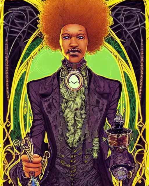 Image similar to a detailed portrait illustration of a steampunk wizard - sage. beautiful black male face, thin, hollow eyes. blonde afro hairstyle. art nouveau, pop art, comic book style. influenced by neil gaiman, h. p. lovecraft, dan mumford, brian froud, vadim voitekhovitch, osborne macharia, ross tran.
