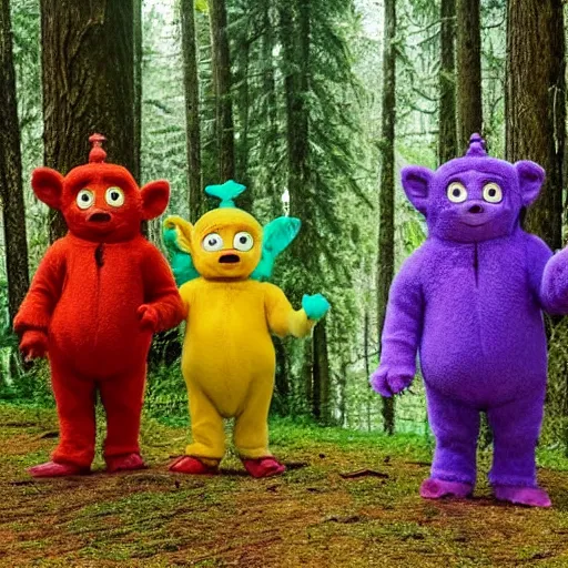 Prompt: photo of feral cryptid sasquatch teletubbies in the woods