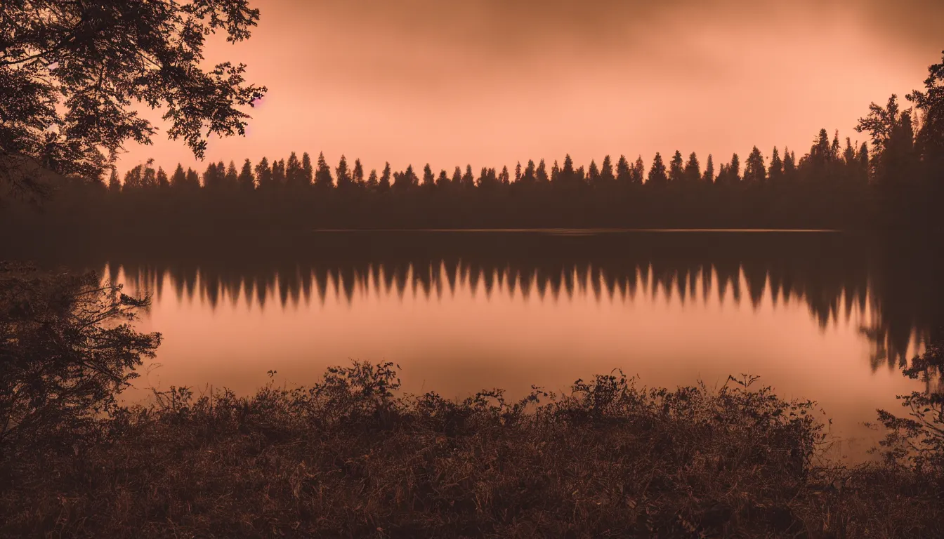 Image similar to calm lake, golden hour evening, horror movie, raining, atmospheric, scary, claustrophobic, ambient vibe, very detailed, high resolution, 8 k